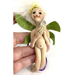 Pixie Fairy Troll Holding Crystal Ornament Handmade Polymer Clay Sculpture 5"